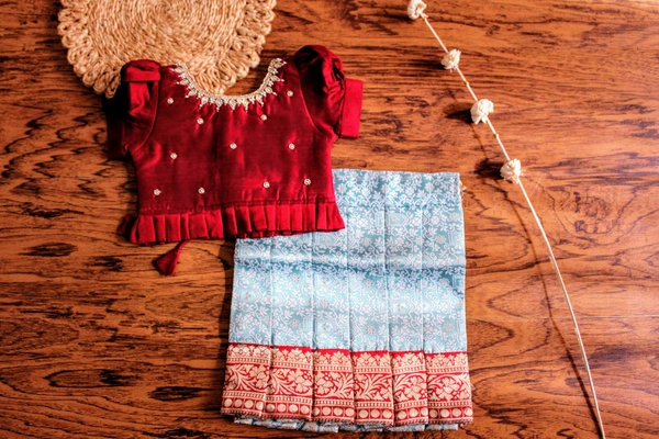 Elegant Maroon and Sky Blue Traditional Baby Pavada Set  - 6-12 Month