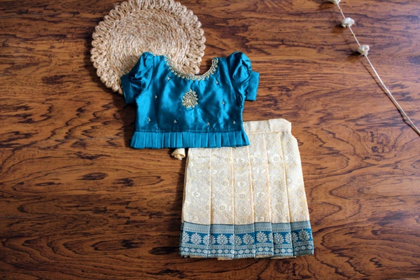 Elegant Traditional Baby Pavada Set - Teal and Cream - 6-12 Month