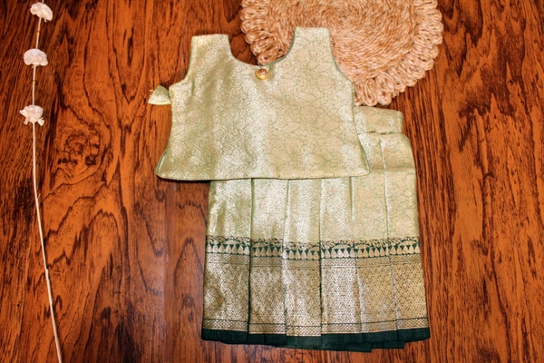 Traditional Light Green with Gold and Dark Green Border Baby Pavada Set - 6-12 Month