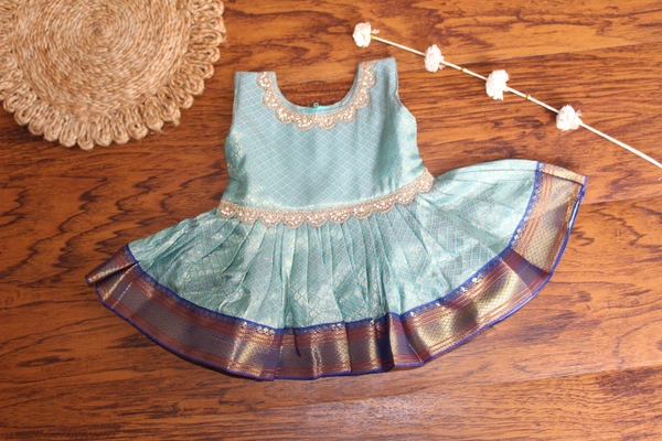 Elegant Traditional Baby Frock with Blue Border - 0-6 Month