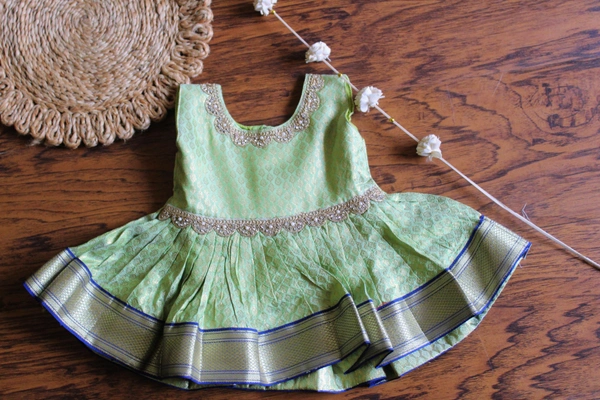 Elegant Traditional Baby Frock Mint Green with Blue Border - 0-6 Month