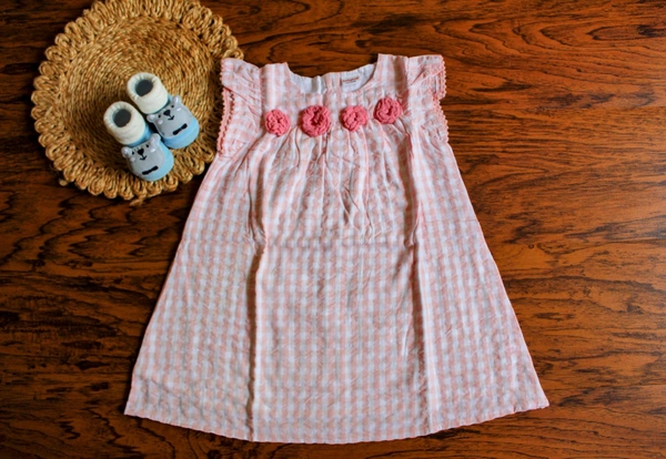  Peach Rosette Gingham Baby Dress - 2-3 year