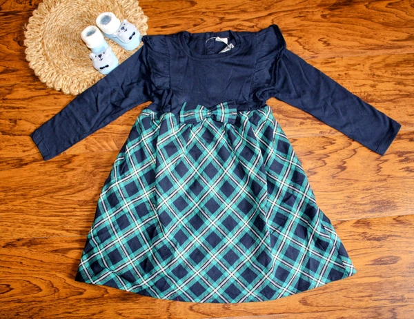 Navy & Plaid Bow Accent Long Sleeve Girl’s Dress - 4-5 year
