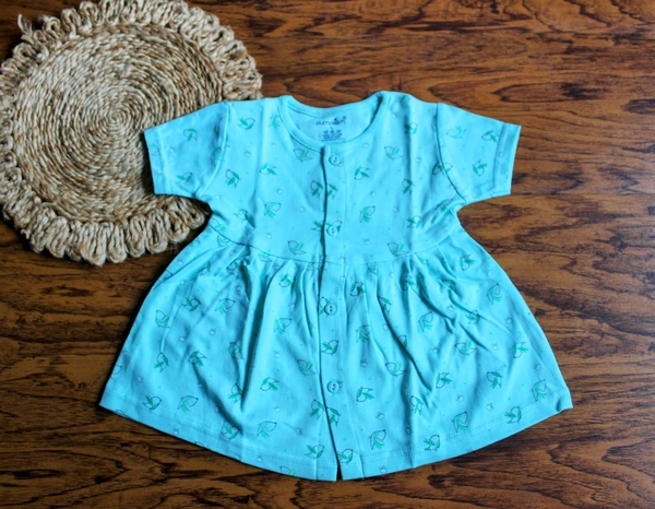 Blossom Breeze Baby Girl Cotton Frock –Green Floral Delight - 3-6 Month