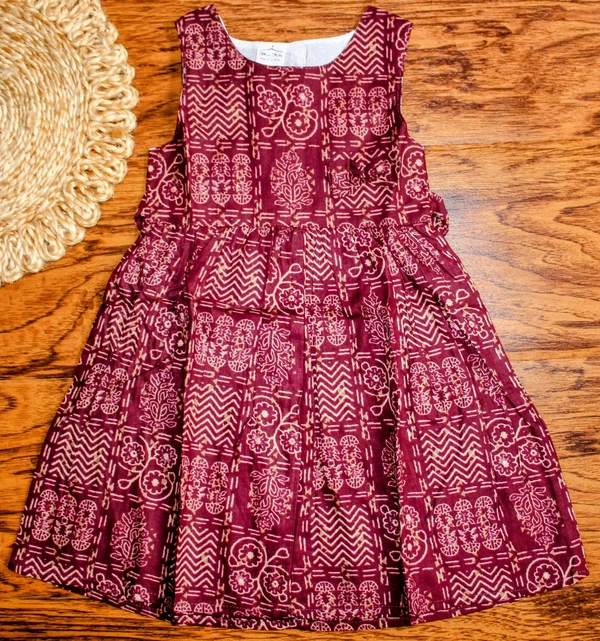 Maroon Blooms Block Print Frock - 2-3 year