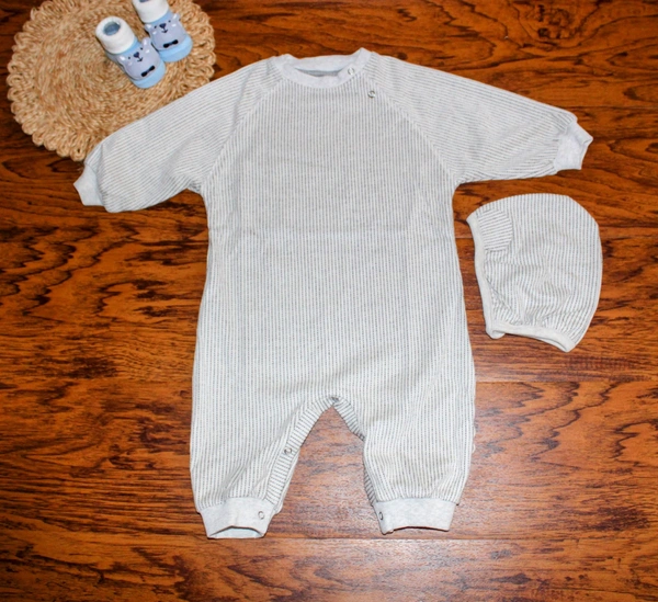 Cozy Stripes Baby Romper & Bonnet Set - 12-18 Month