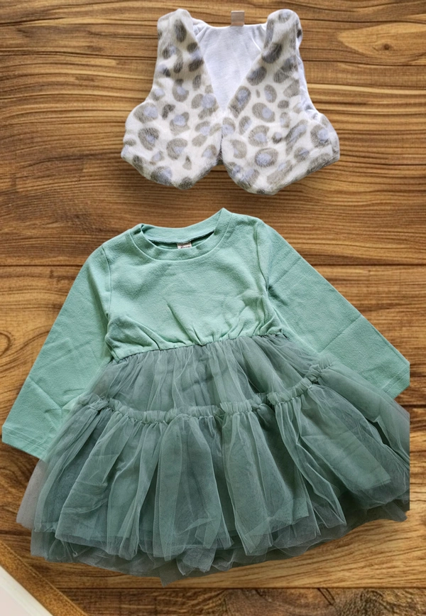 Minty Tulle Princess Dress with Snow Leopard Vest - 1-2 year