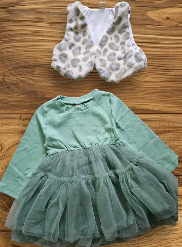 Minty Tulle Princess Dress with Snow Leopard Vest - 1-2 year