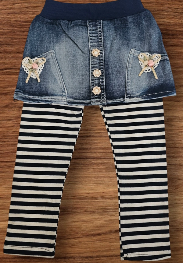  Sweet Sailor Striped Leggings with Denim Skirt - 2-3 year