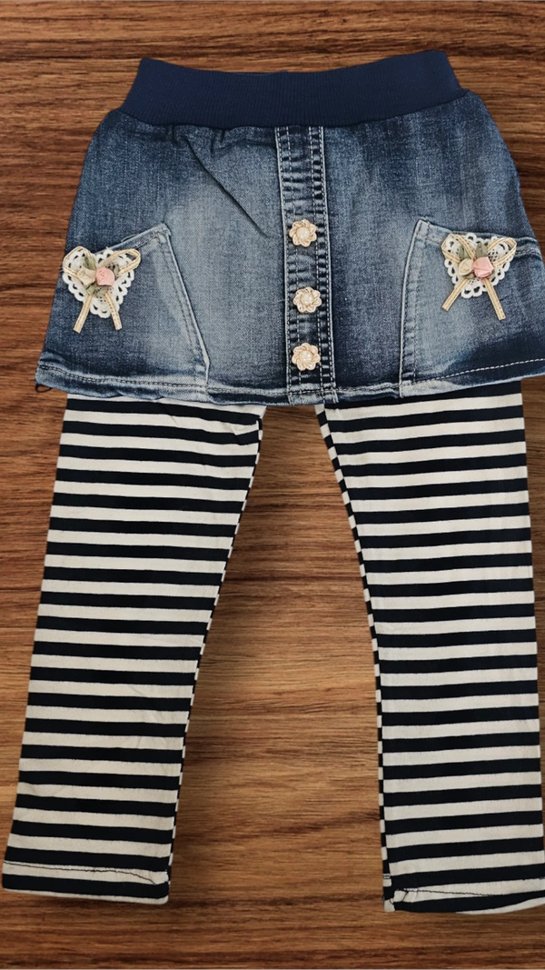Sweet Sailor Striped Leggings with Denim Skirt - 5-6 year