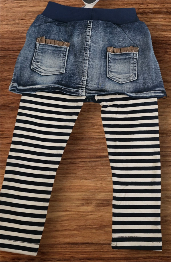  Sweet Sailor Striped Leggings with Denim Skirt - 2-3 year