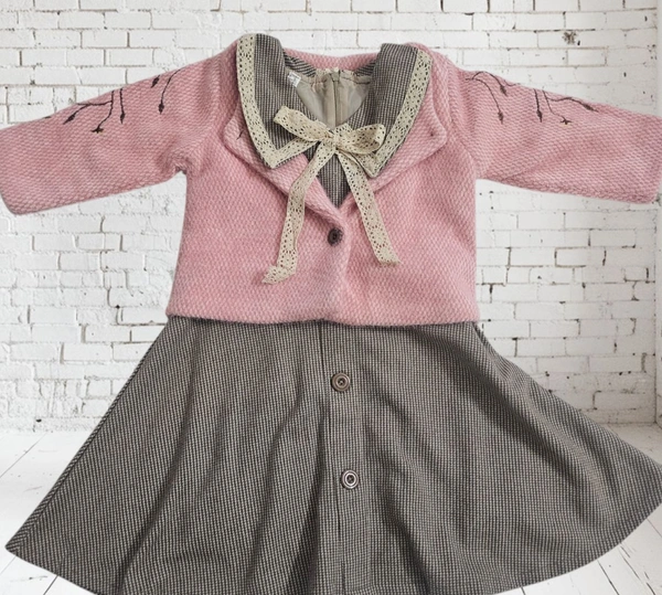 Elegant Girls' Tweed Frock with Pink Knit Jacket Set - 1-2 year