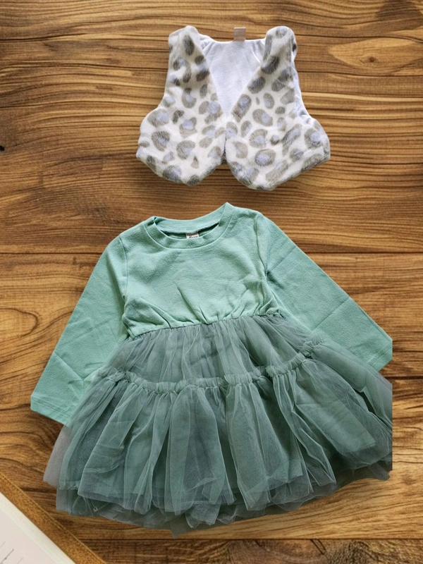 Girls' Mint Green Tulle Dress with Faux Fur Leopard Print Vest - 4-5 year