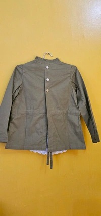 Girls' Khaki Jacket with Lace Inner and Asymmetrical Button Closure - 7-8 year