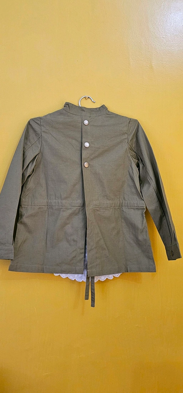 Girls' Khaki Jacket with Lace Inner and Asymmetrical Button Closure - 7-8 year