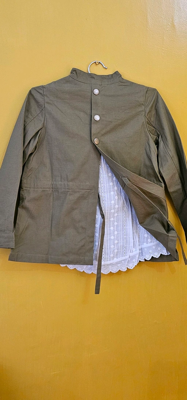 Girls' Khaki Jacket with Lace Inner and Asymmetrical Button Closure - 7-8 year