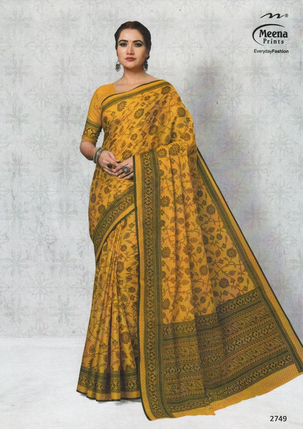 Meena Prints Original Meena Cotton saree - 5.50 MTRS + 90 CM BLOUSE, Golden Tainoi