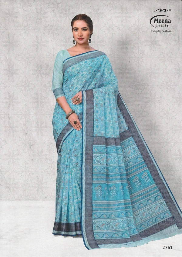Meena Prints Original Meena cotton saree - 5.50 MTRS + 90 CM BLOUSE, Fountain Blue