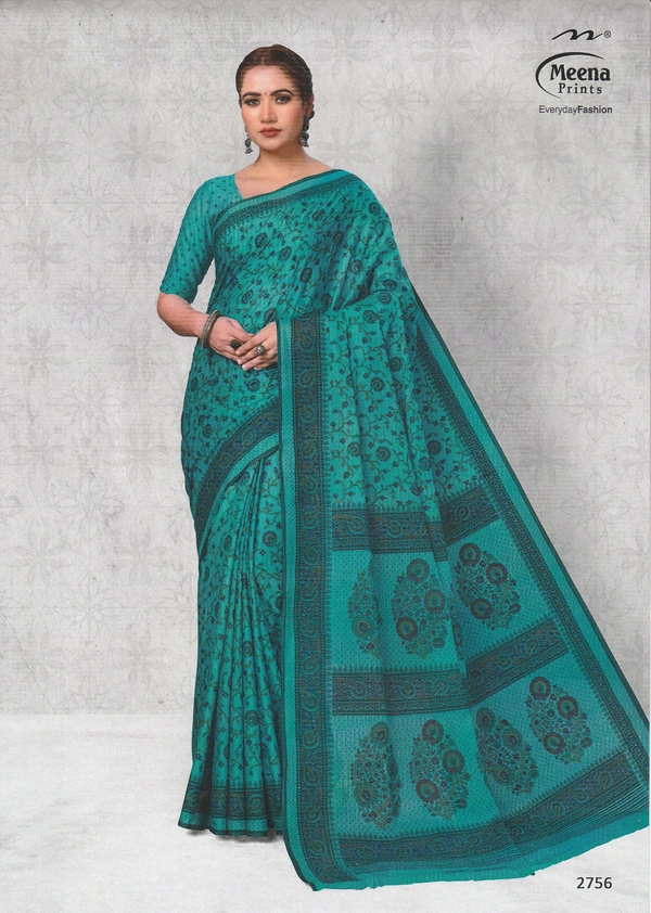Meena Prints Original Meena cotton sarees - 5.50 MTRS + 90 CM BLOUSE, Ocean Green