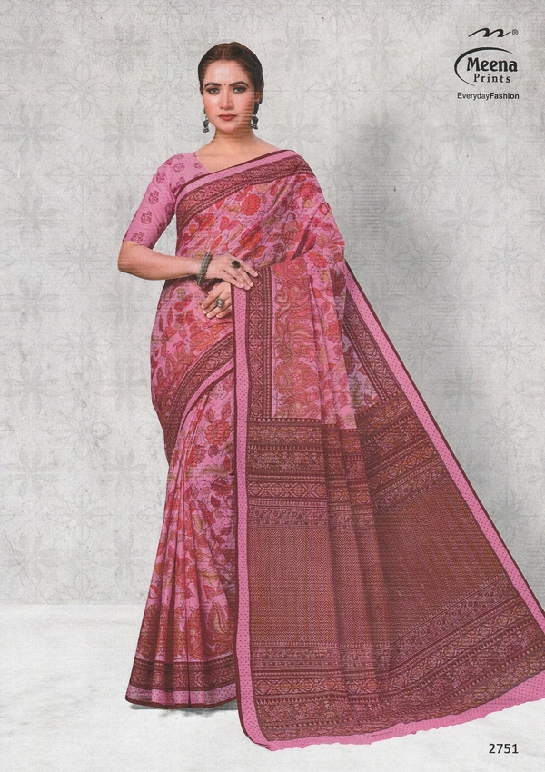 Meena Prints Original Meena cotton saree - 5.50 MTRS + 90 CM BLOUSE, Old Rose