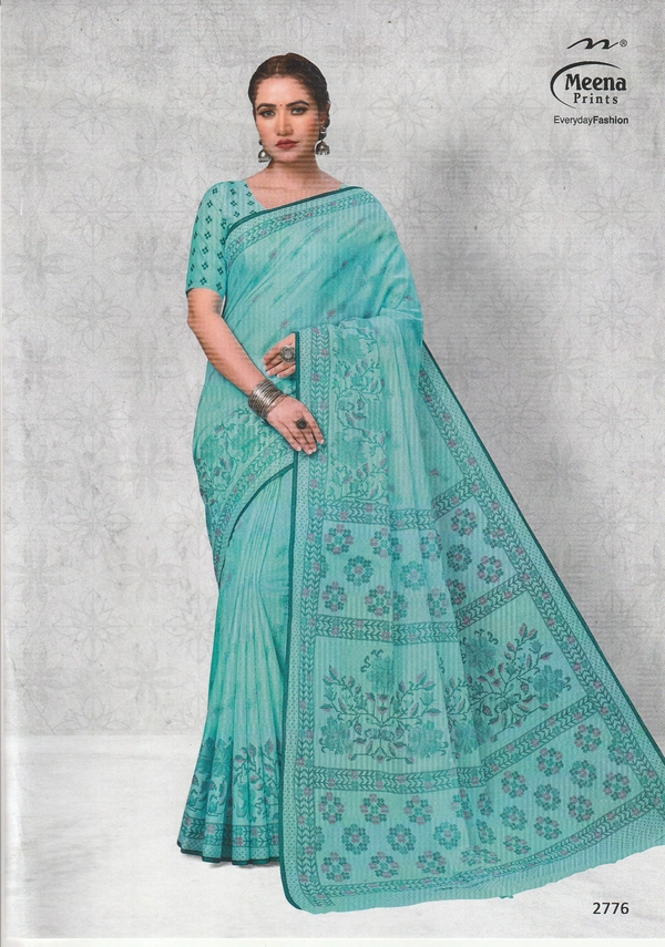 Meena Prints Original Meena cotton saree - 5.50 MTRS + 90 CM BLOUSE, Neptune