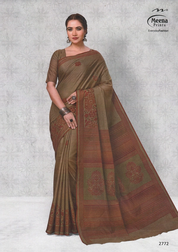 Meena Prints Original Meena cotton saree - 5.50 MTRS + 90 CM BLOUSE, Domino