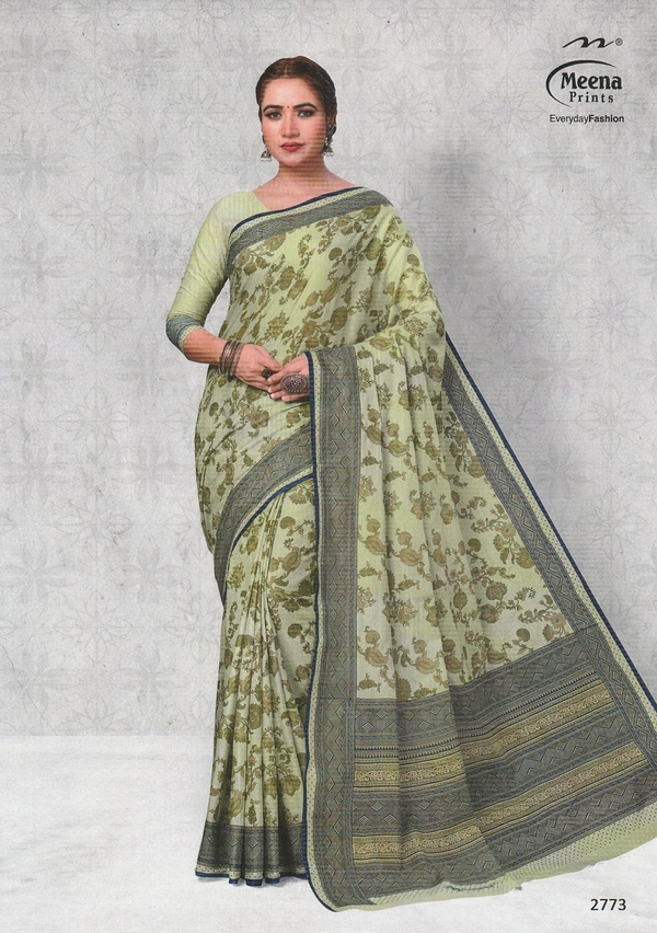 Meena Prints Original Meena cotton saree - 5.50 MTRS + 90 CM BLOUSE, Green Smoke