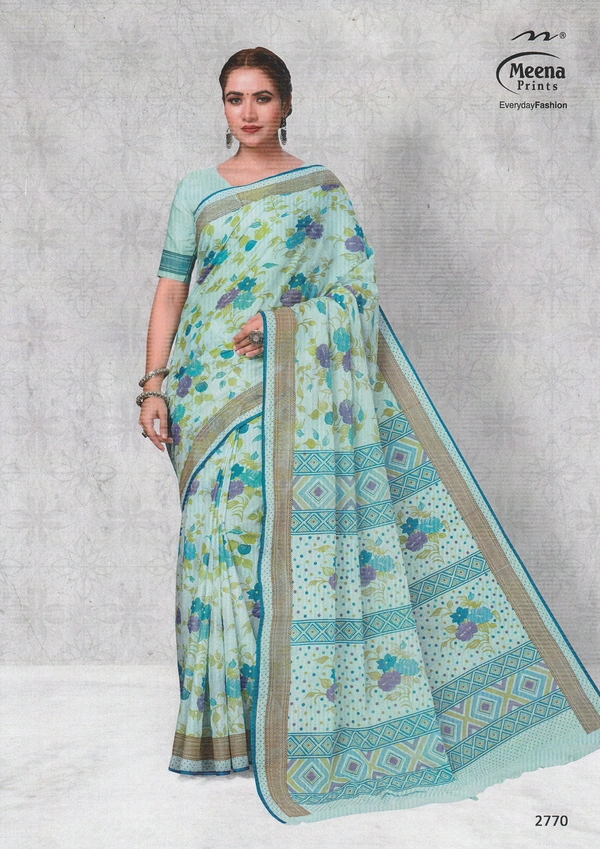 Meena Prints Original Meena cotton saree - 5.50 MTRS + 90 CM BLOUSE, Aqua Island