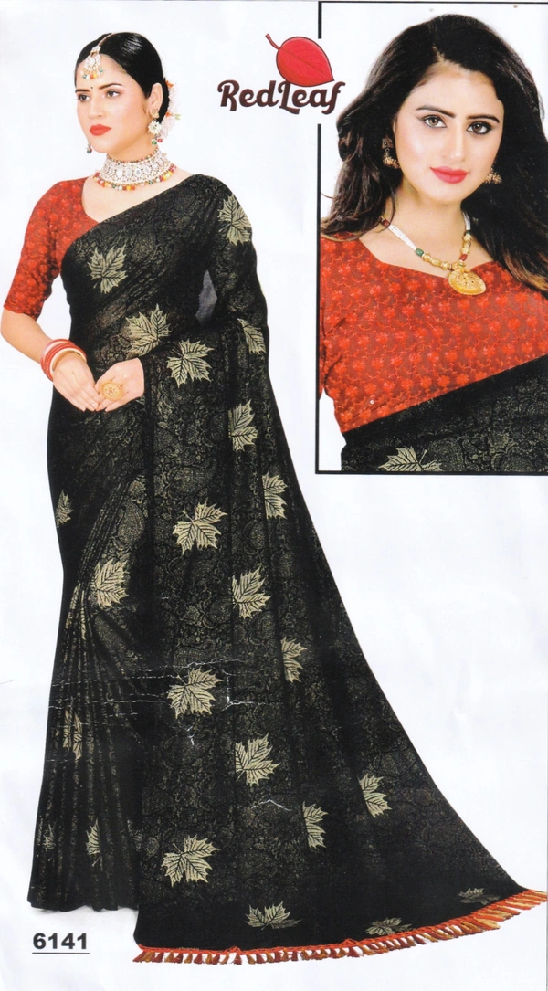 Red leaf uniform color saree with work blouse - 5.50 MTRS +90 CM BLOUSE