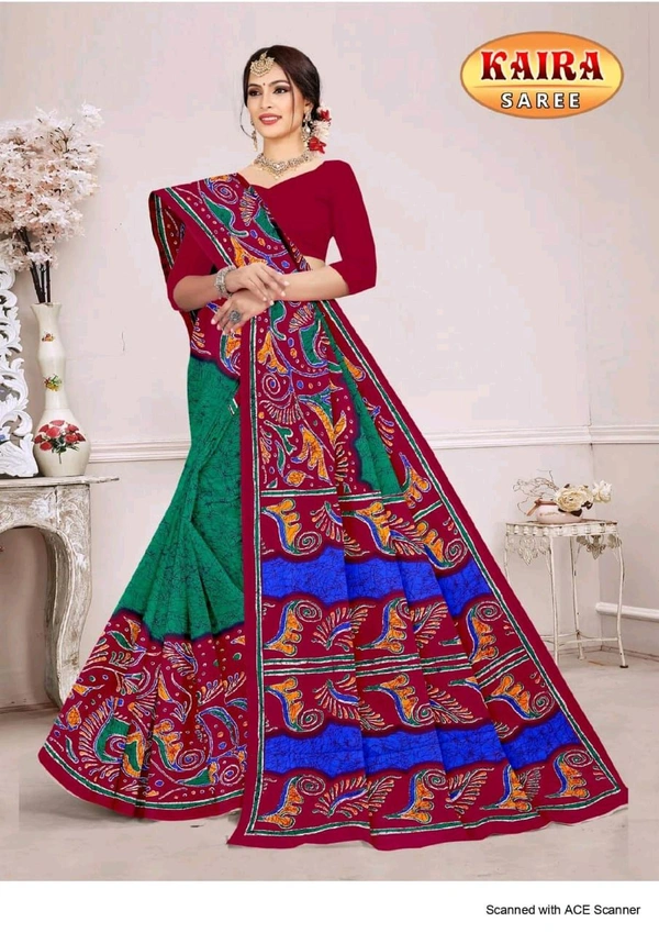 Batik Special Kaira, Cotton Saree - Saree 5.4m With blouse, Pine Green