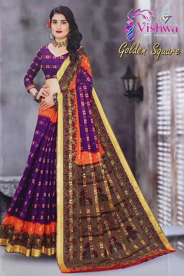 Vishwa Sarees Bisket Butta Cotton Sarees - Violet Eggplant, 5.50 MTRS +90 CM BLOUSE
