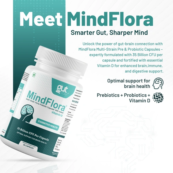 MindFlora Multi Strain Probiotics for Women & Men - Probiotic Supplement - 35 Billion CFU | 30 Veg. Capsules for Gut Health, Immune Support, Mental Clarity - 30 Capsules Per Bottle
