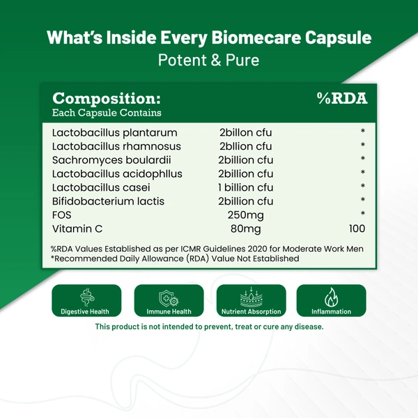 BiomeCare™ Probiotic Capsules | Gut Health & Vitamin C - 10 *10 Strips Per Box ( 100 Capsules )