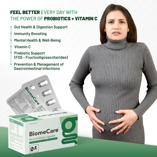 BiomeCare™ Probiotic Capsules | Gut Health & Vitamin C - 10 *10 Strips Per Box ( 100 Capsules )