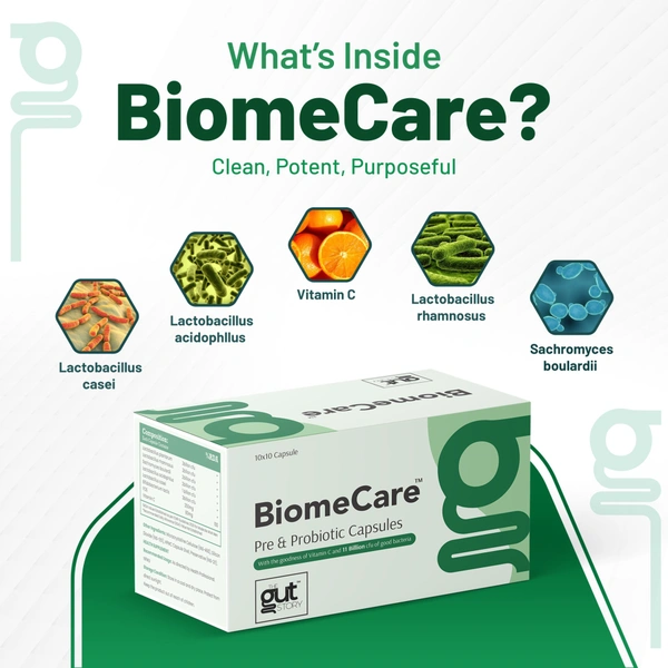 BiomeCare™ Probiotic Capsules | Gut Health & Vitamin C - 10 *10 Strips Per Box ( 100 Capsules )