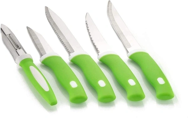 Stainless Steel Knife Set, Plastic Stand - Green