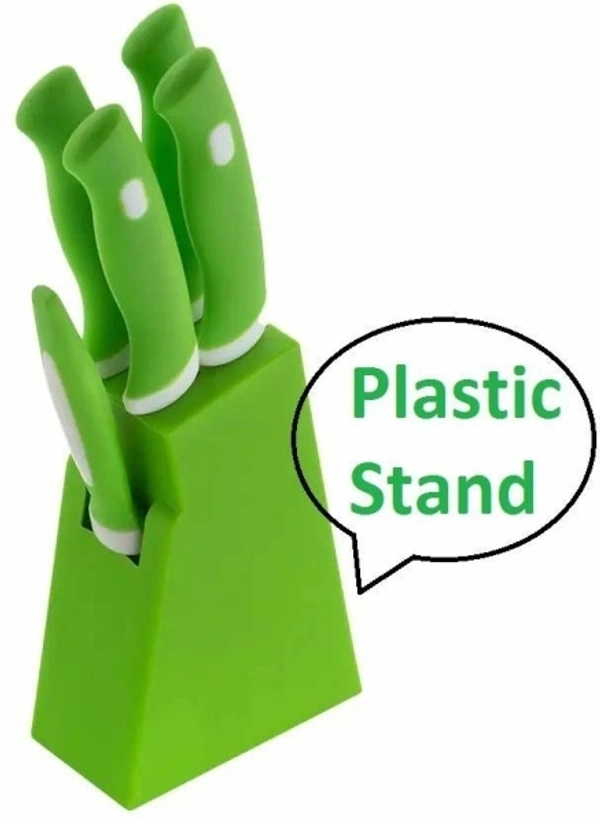 Stainless Steel Knife Set, Plastic Stand - Green