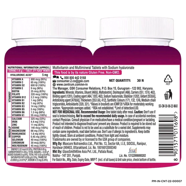 GLAXOSMITHKLINE PHARMACEUTICALS LTD Centrum Women - 30 Tablets
