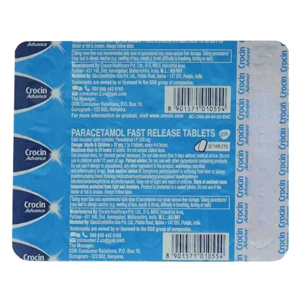 GLAXOSMITHKLINE PHARMACEUTICALS LTD Crocin Advance - 20 Tablets