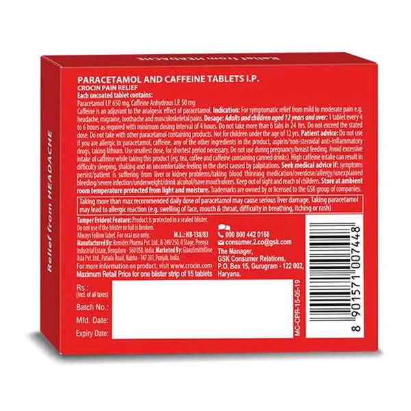 GLAXOSMITHKLINE PHARMACEUTICALS LTD Crocin Pain Relief - 15 Tablets