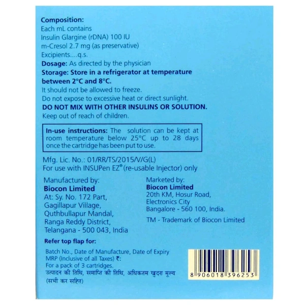 Biocon Biologics Basalog Refil 3ml - 100IU/mL, 1 Cartridges