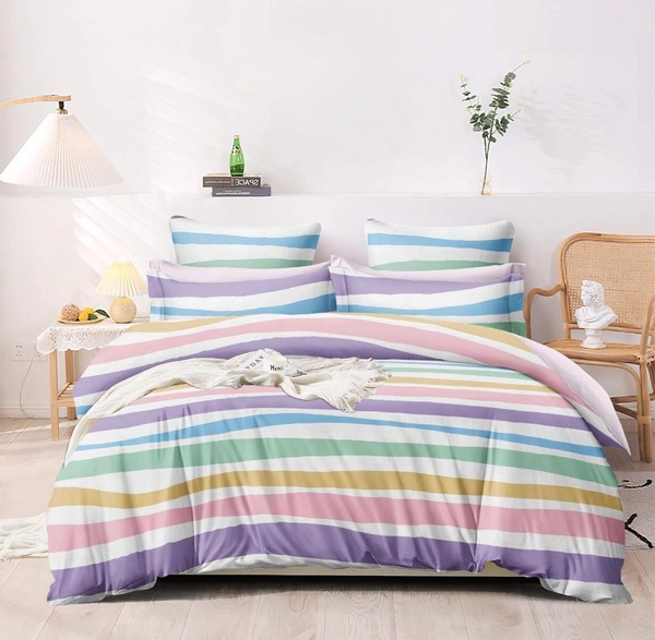 Multi Waves Double Bedsheet With Two Pillow Covers (1+2) Set - Multi Pastel