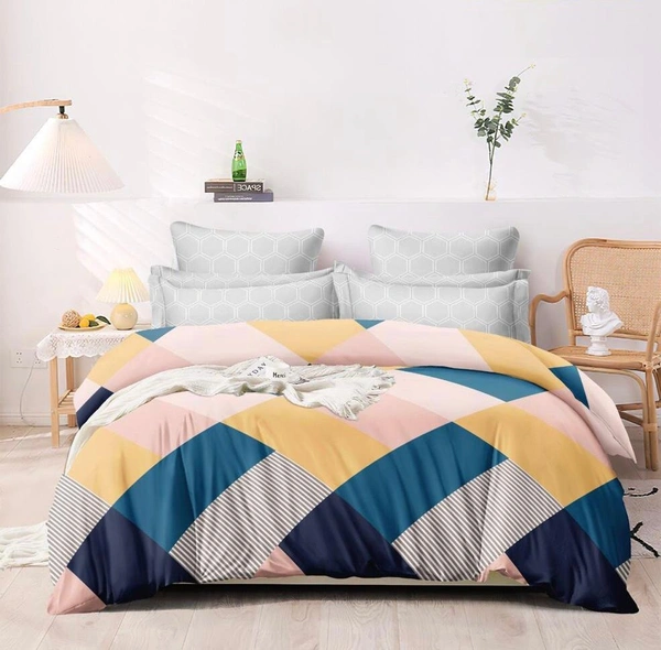 Multi Colored Rectangles Double Bedsheet with Two Pillow Covers (1+2) Set - Multi Colored