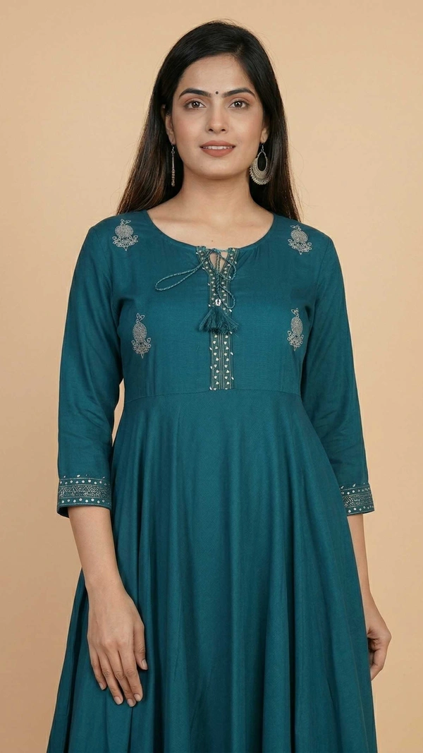 Women Teal Flared Anarkali Kurti | Cotton Blend Printed Long Kurta | Stylish Daily & Party Wear Dress - M