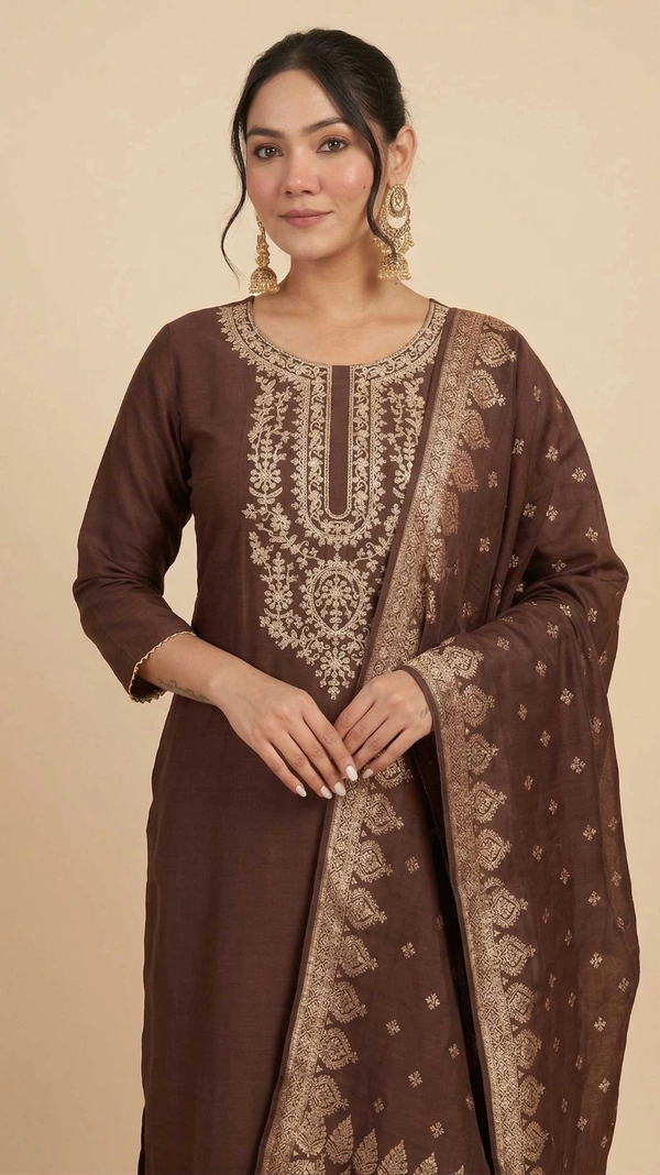 Women Brown Art Silk Embroidered Kurta Pant Set with Dupatta | Elegant Ethnic Festive Wear Suit - L