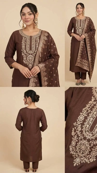 Women Brown Art Silk Embroidered Kurta Pant Set with Dupatta | Elegant Ethnic Festive Wear Suit - L