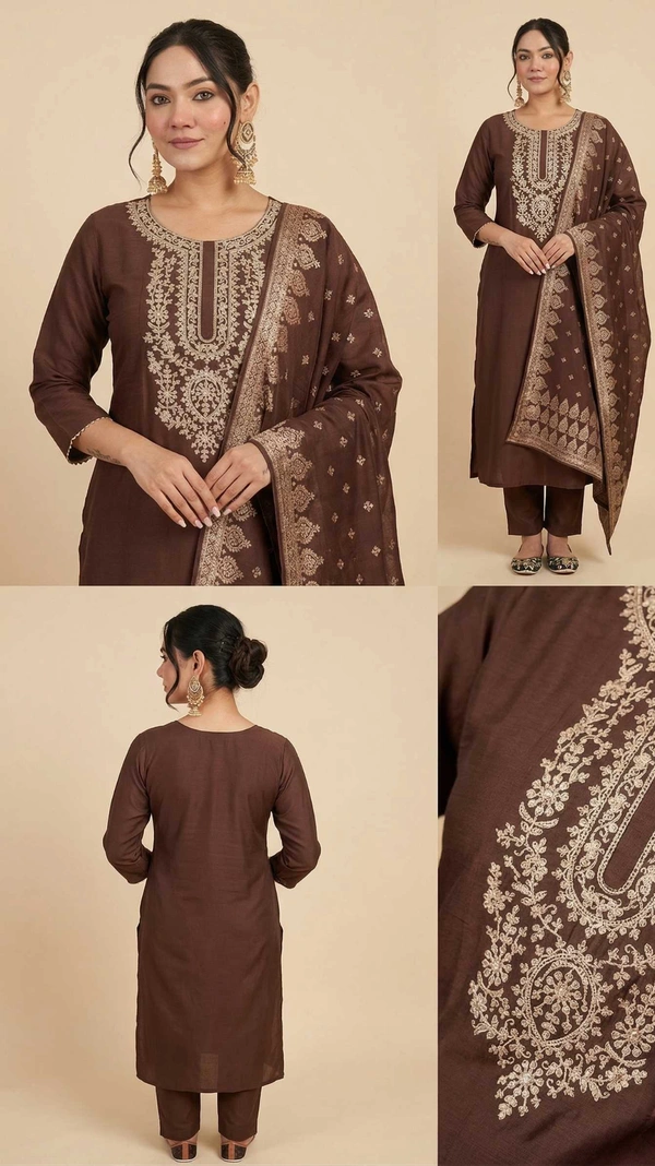 Women Brown Art Silk Embroidered Kurta Pant Set with Dupatta | Elegant Ethnic Festive Wear Suit - L