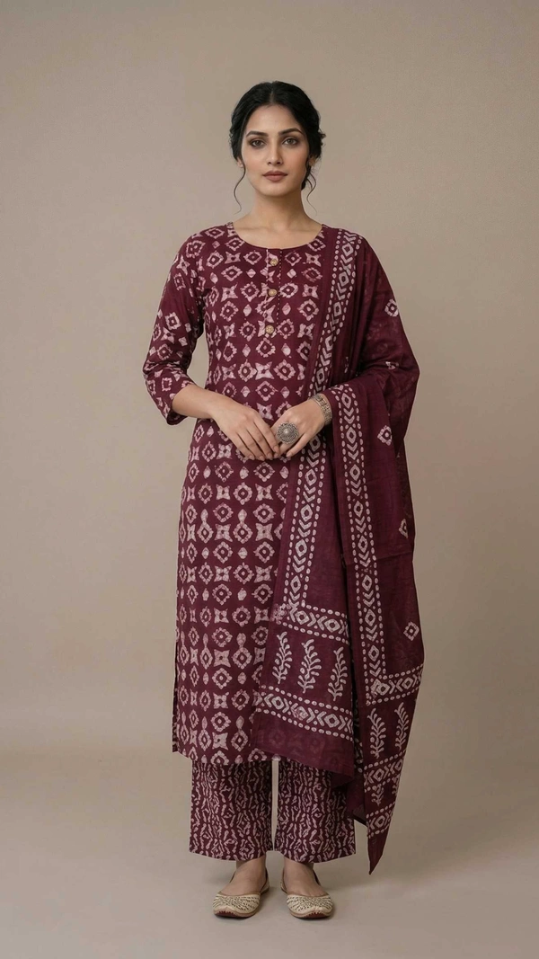 Women Maroon Printed Kurta Pant Set with Dupatta | Cotton Ethnic Daily Wear Suit - XL