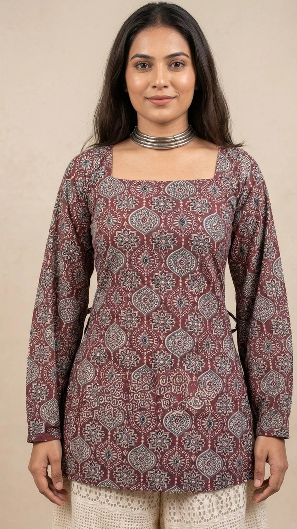Heer Corset Style Printed Cotton Kurti for Women | Square Neck Tie-Up Short Kurti | Stylish Daily Wear Top - L