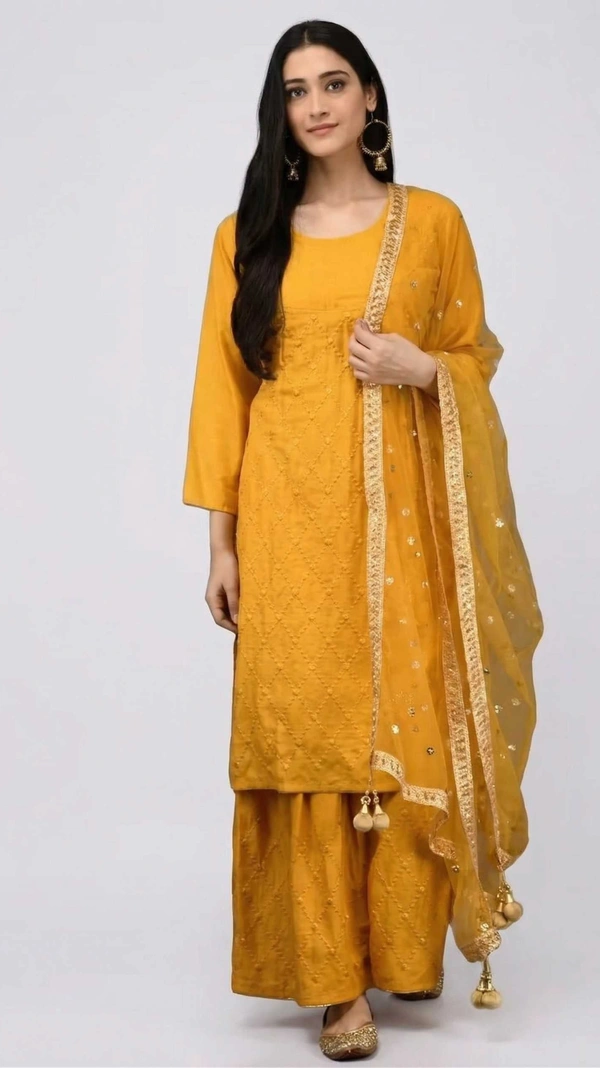 Elegant Embroidered Rayon Kurta Palazzo Set with Net Dupatta | Premium Ethnic Wear for Women - M